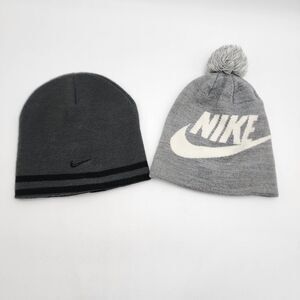 Lot of 2 Nike Youth Knit Winter‎ Ski Beanie Hats  Black Gray White READ